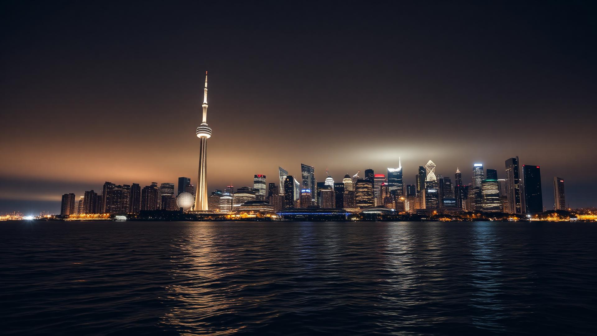 Toronto skyline at night seen from Lake Ontario